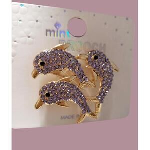 New Gold‑Tone Triple Dolphin Brooch Purple Rhinestones Ocean Theme Pin